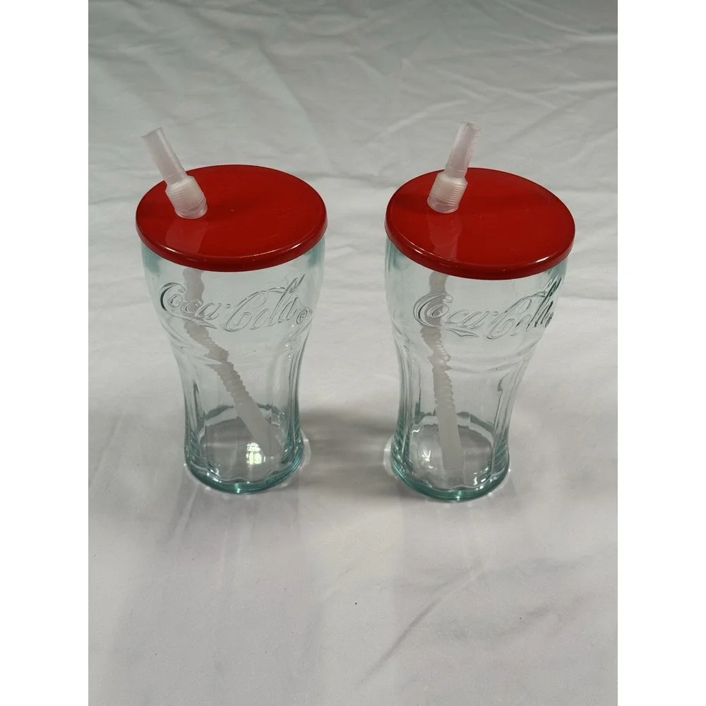 Vintage Coca-Cola Glass Tumbler Cups With Red Lids & Straws‎ Set of 2